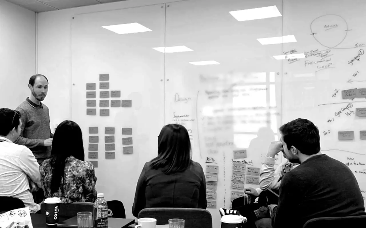 Small group of colleagues discussing OKRs during a breakout session as part of OKR Team Training