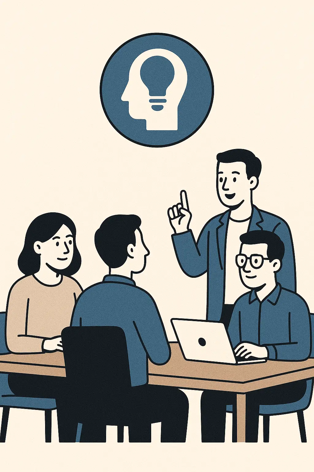 Team in discussion around OKR consultancy and strategic alignment planning. Illustration.