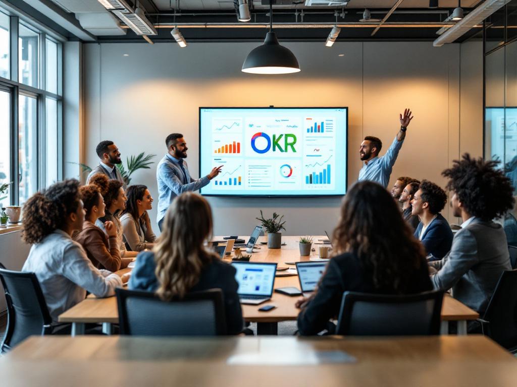 Successful OKR Training UK: Business Collaboration in Action Image showing a dynamic meeting about OKR training in UK businesses, featuring charts and engaged participants.
